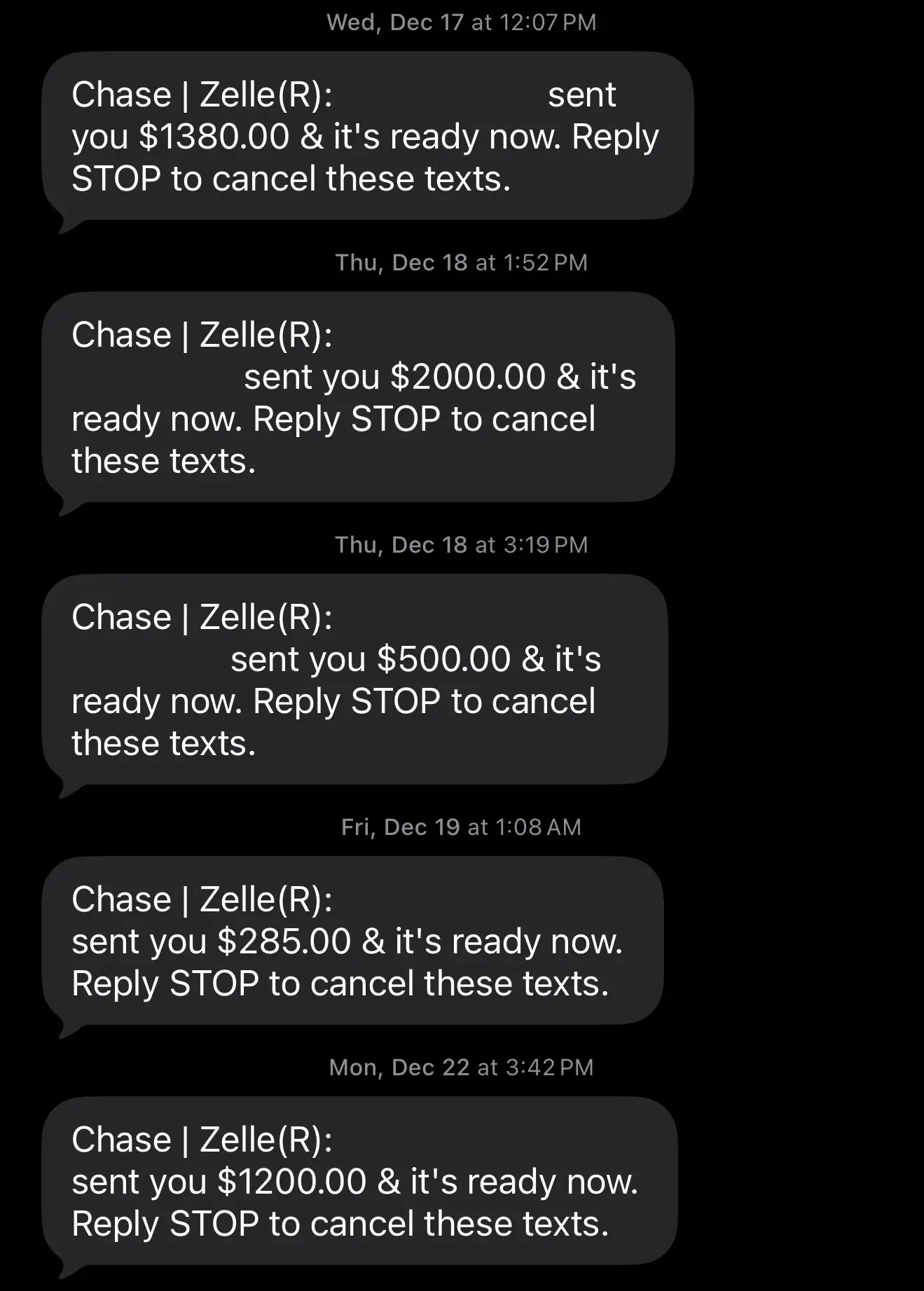 Zelle/iMessage payment proof screenshot